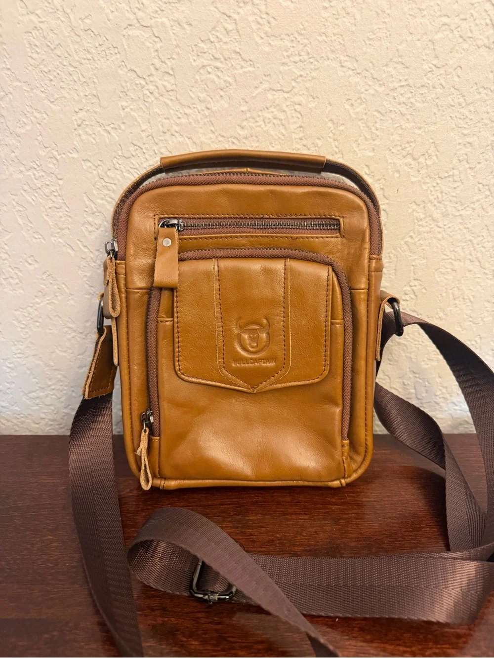 Bull Captain Leather Shoulder Crossbody Bag Messenger Adjust Strap Camel Brown